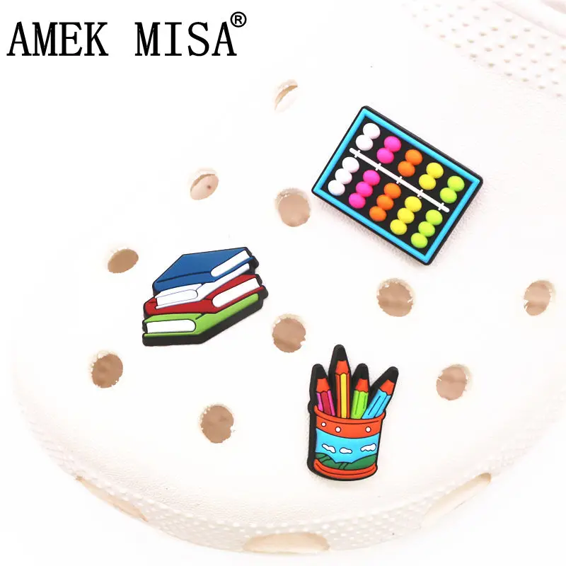 

Original 1pcs Stationery Shape Shoe Charms Clip PVC Abacus Book Pen Holder Garden Shoes Decorations Clogs Kids Gifts