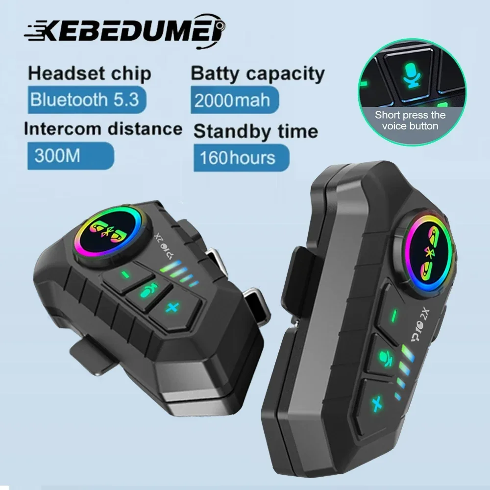 Motorcycle Intercom Headset 1/2x KEBIDUMEI Helmet 2 Riders intercommunicator Moto 300M Waterproof Music Sharing Interphone
