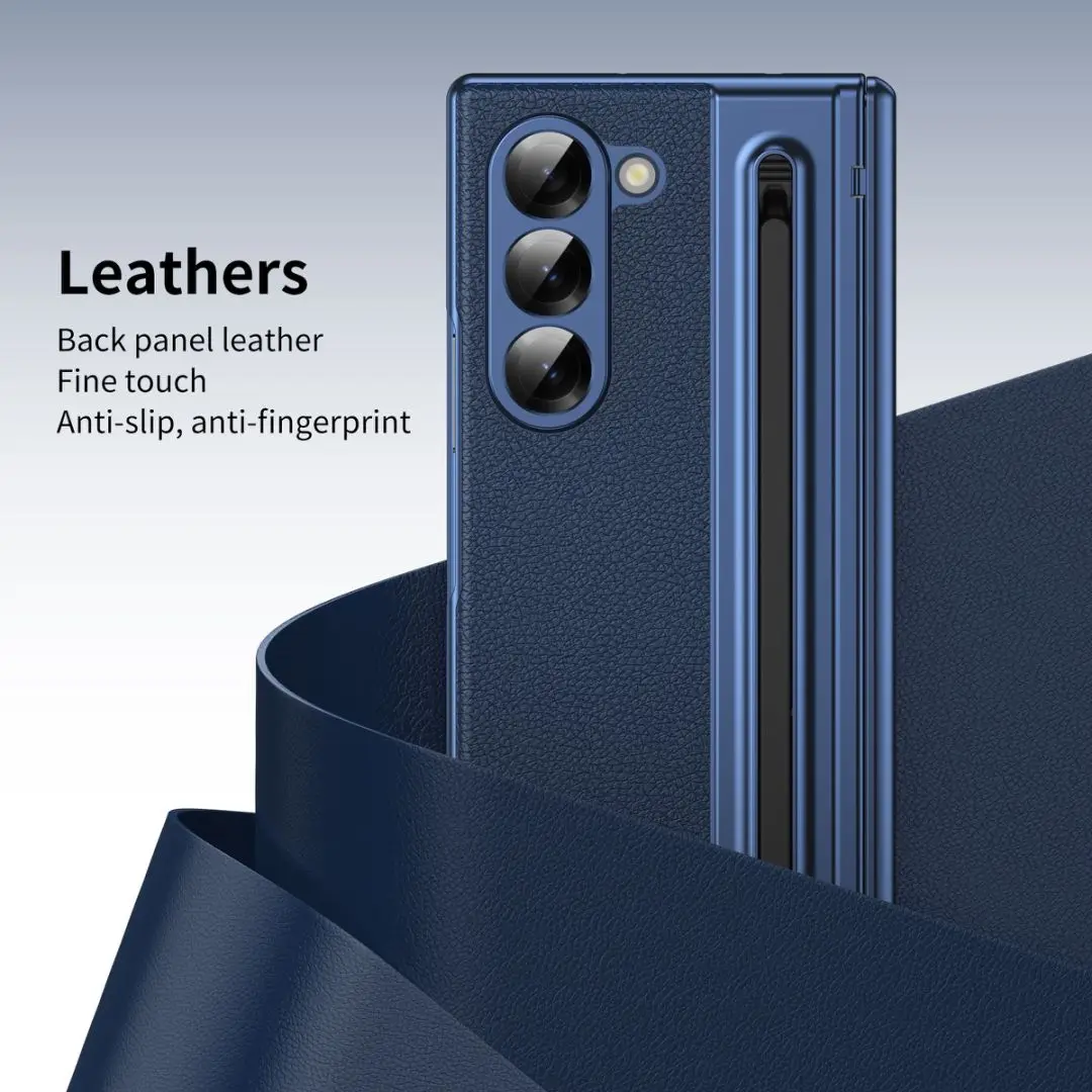 Leather S Pen Phone Case with Hinge Protection & Built-in Screen Protector - Blue