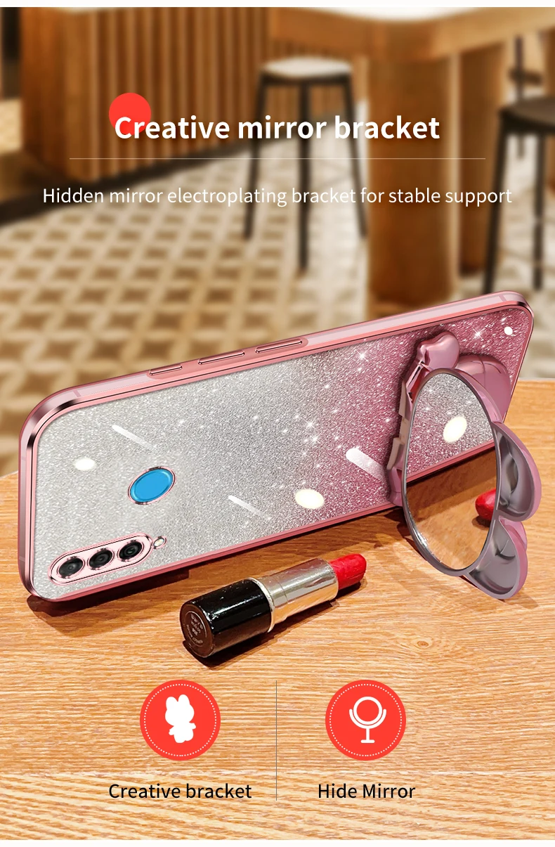 Coque de protection souple avec miroir de maquillage et motif lapin pailleté pour Huawei P30, P40, P50, P60 Lite, Y7, Y6, P30lite, Mate 30, 40, 50_voghion.com