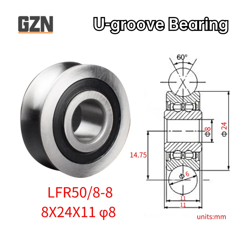 1PCS LFR Series Rail Roller Bearing LFR50/8-8 Inner Diameter 8mm Outer Diameter 24mm Height 11mm U Groove Diameter 8mm 8*24*11