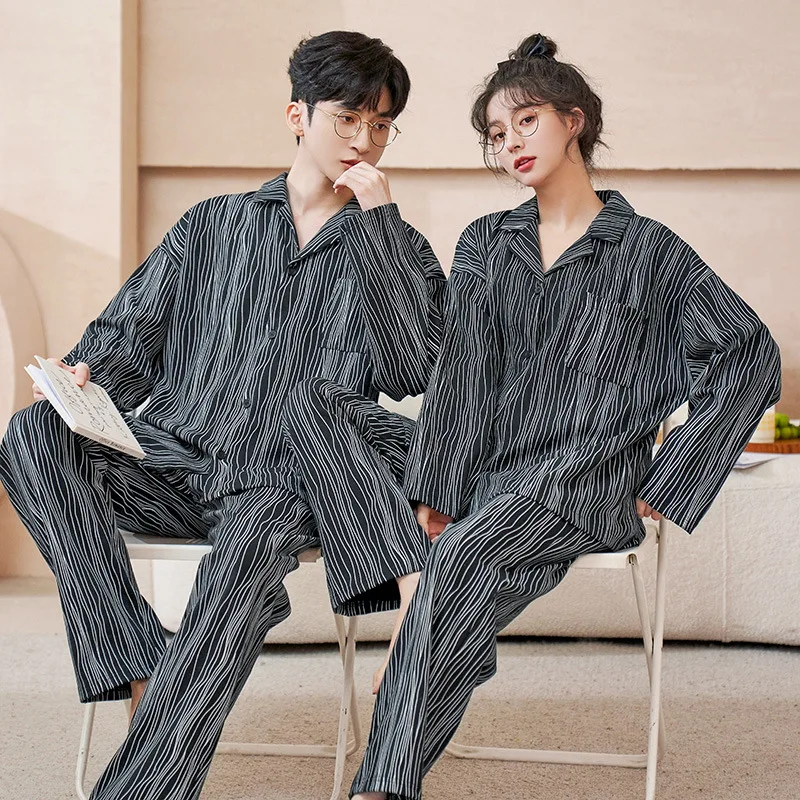 Couples Autumn Spring Sleepwear Men's Cotton Pajamas Women's Korean Fashion  Nightwear Female Girl Home Clothes pyjama homme