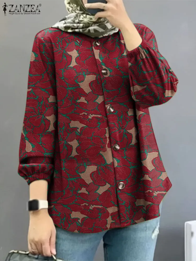 

ZANZEA Vintage Women Long Sleeve Floral Blouse Autumn Shirt Casual Marocain Eid Mubarek Tops Loose Muslim Blusa Islamic Clothing