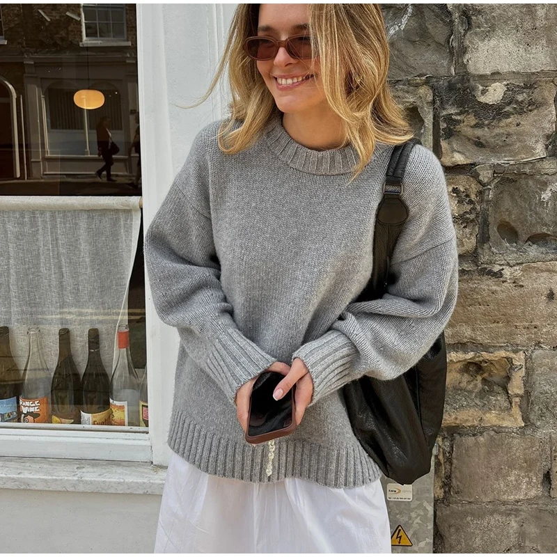 Suéteres casuales de punto con cuello redondo para mujer, suéter retro para adictos al trabajo, suéter femenino elegante de otoño, prendas de punto sencillas de calle