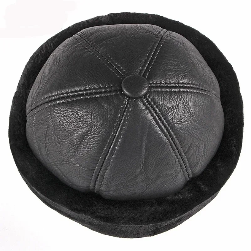 1 Stück Dicke Outdoor Warm Winter Hut Männer Schwarz Pelzleder Russische Männliche Winddichte Schnee Ski Cap Fleece gefüttert – Detail 4