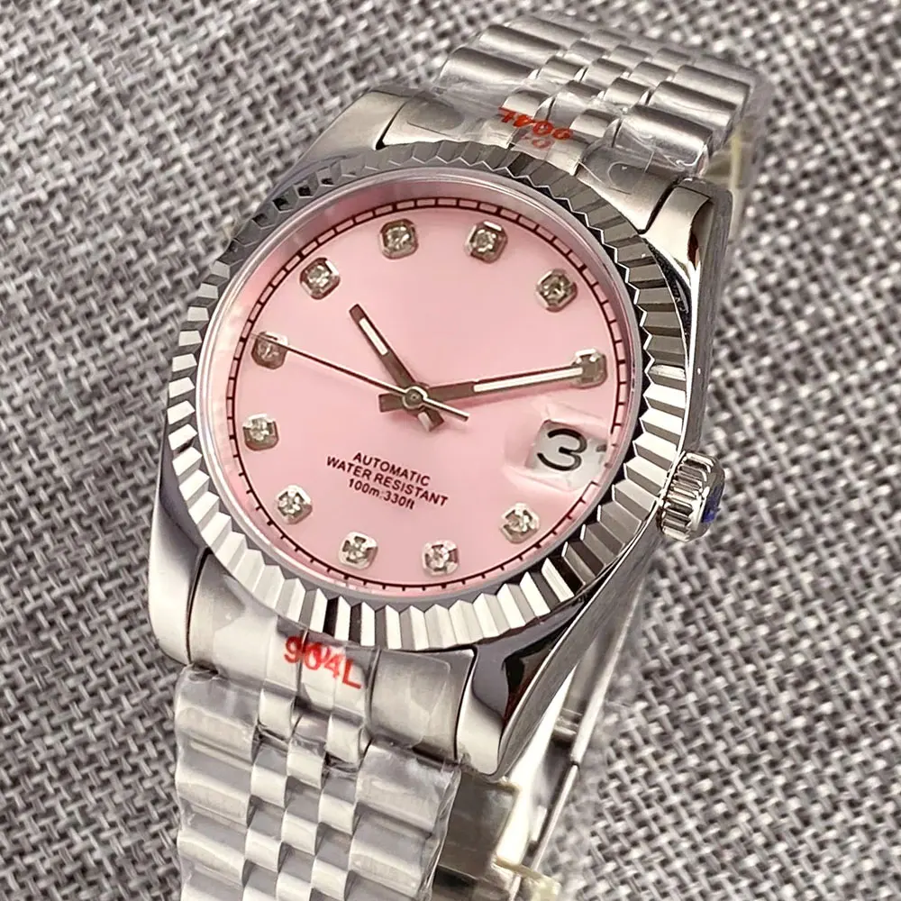 

New Fluted Curved Mechanical Watch Men Diamond Index 36mm 39mm Steel Wristwatch Sapphire Glass Nologo Pink Lady Glass Back