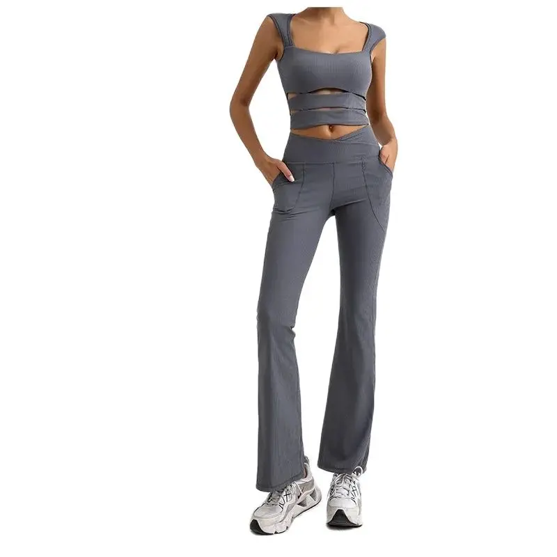 

Spicy Girl Street Fashion Sporty Style Personalized Hollow Spliced Sexy Yoga Pocket High Waist Pants 2-Piece Set Fitness Suit