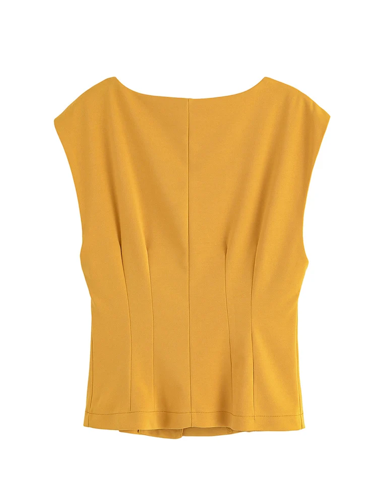 TFMLN New Women's Button Front Vest V-Neck Ruched Waist Slim Sleeveless Tank Top Casual Spring Summer 2025 Trendy Outfit