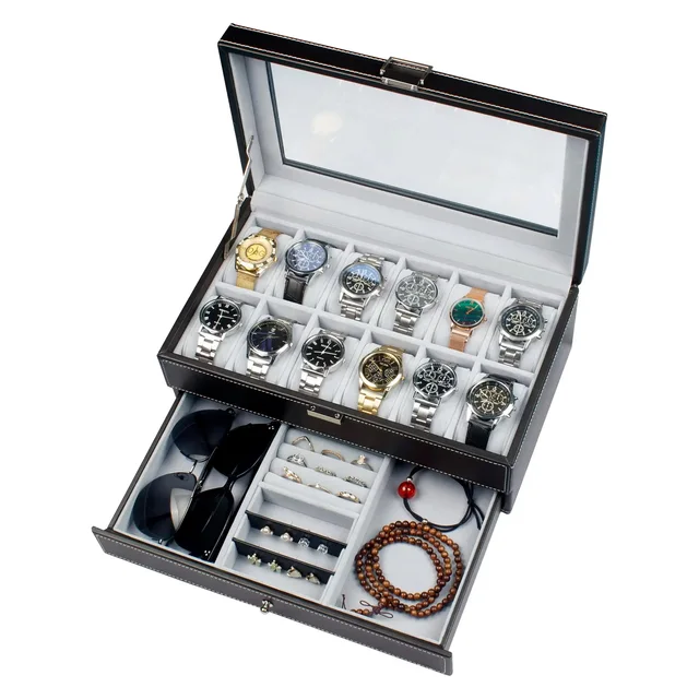Boîtes de rangement de montres verrouillables en cuir à 12 fentes, vitrine de présentation de bijoux pour hommes et femmes, vitrine de montre organisateur à 2 niveaux, nouveauté 2024 1