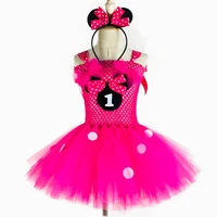 Robe Tutu Mickey rose pour filles mignonnes, en Tulle au Crochet, avec points blancs et nœud pour cheveux, robe de Cosplay de dessin animé pour fête d'anniversaire pour enfants 2
