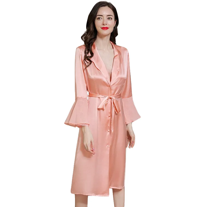 NEW Summer 22mm 100%Silk Pajamas Robe Nightgown Women Silk Homewear Sleepwear Pink High Quality Clothing