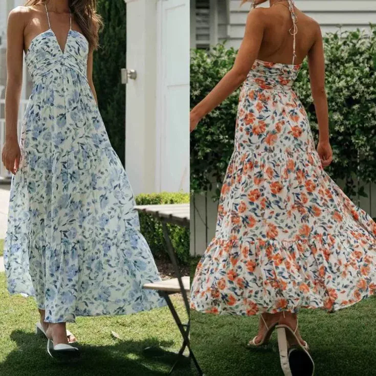 

Women's Summer Chiffon Halter V Neck Sleeveless Floral Flowy A Line Maxi Dress Boho Backless Tiered Swing Long Beach Dresses