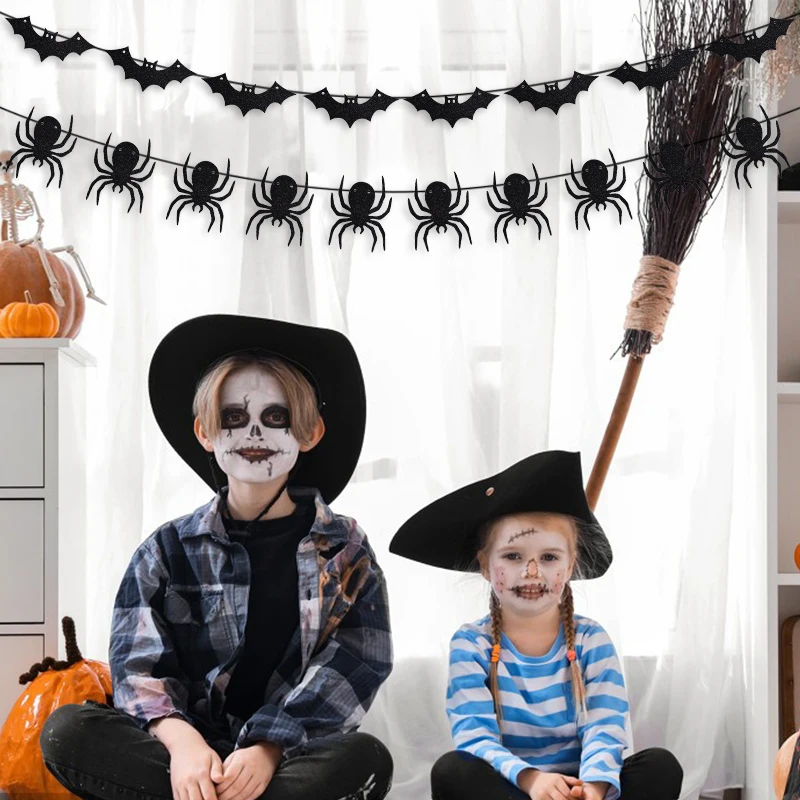 Halloween Hanging Garland Cartoon Ghost Bat Spider Bunting Paper Banner Halloween Party Home Fireplace Decoration Supplies Kids