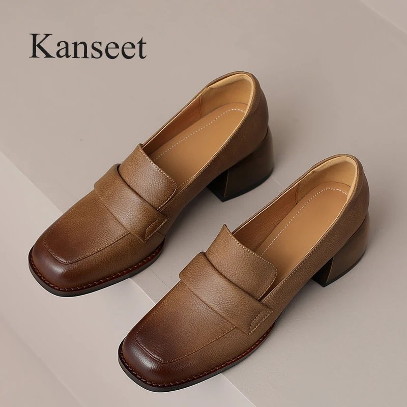 

Kanseet Vintage Pumps Women New Spring Square Toe Casual Genuine Leather Shoes Handmade Slip-On Mid Heels Lady Shoes Black 33-40