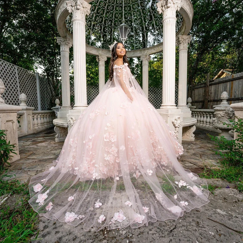 

Pink Quinceanera Dresses Ball Gown Off Shoulder Puffy Sweet 16 Dress 3D Rose Flowers With Cape Celebrity Party Gowns Graduation