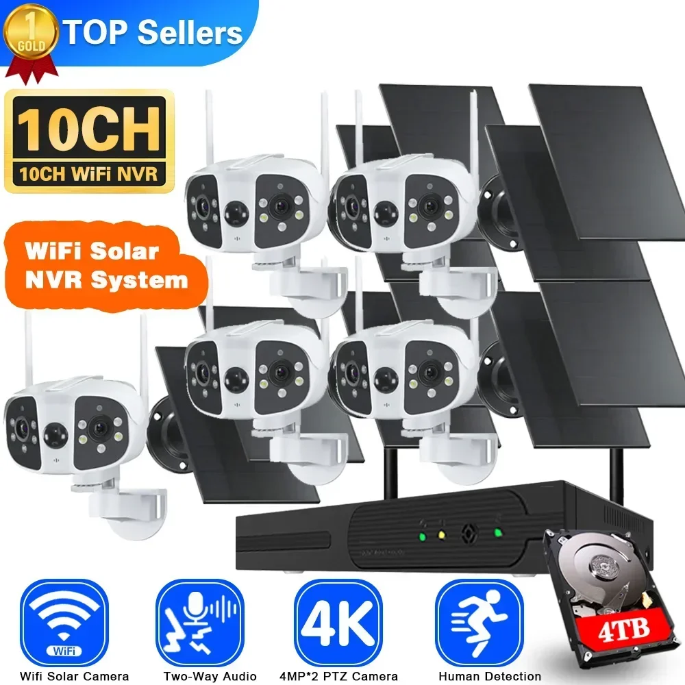 4K 8MP WiFi Dual Panels Solar Panel Battery System Fixed 180° Wide Angle Panorama Camera 10CH NVR Kit Video Surveillance System