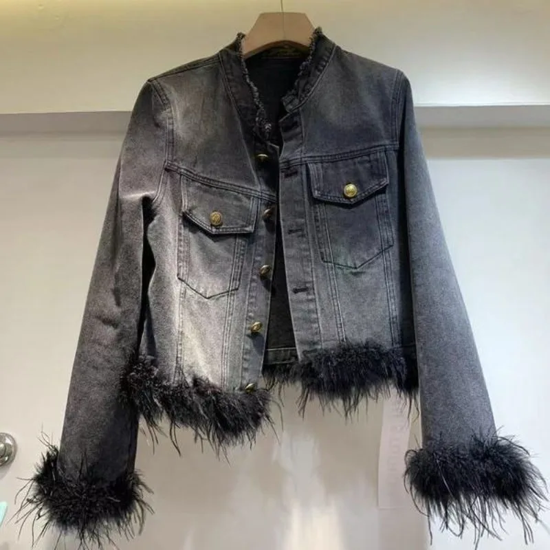 

Women Jacket Fur Coat 2024 Spring Autumn New Retro Denim Short Coat