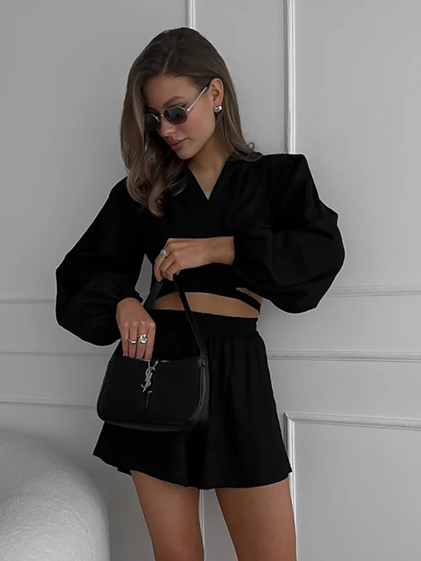 Marthaqiqi Cotton Female Pajamas Suit V-Neck Sleepwear Crop Top Lace Up Nightie Long Sleeve Nightwear Shorts Casual Pyjamas Sets