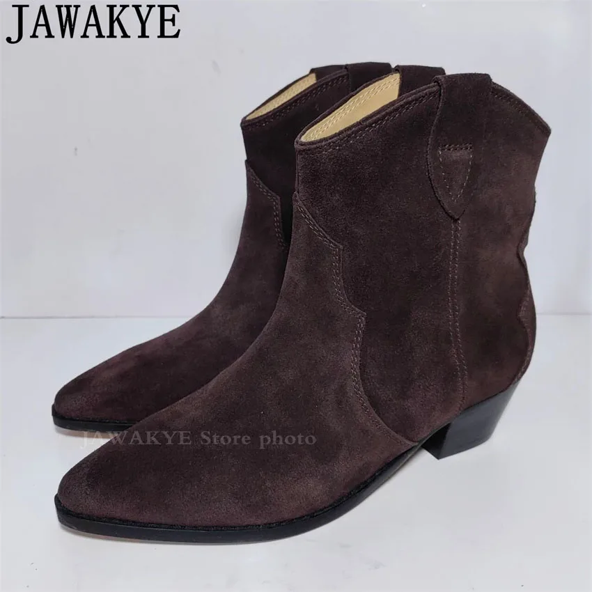 

Classic Suede Leather Chelsea Boots Woman Pointy toe Wedges Heel Slip-on Ankle Boots Hot Sale Comfortable Cowboy Knight Boots