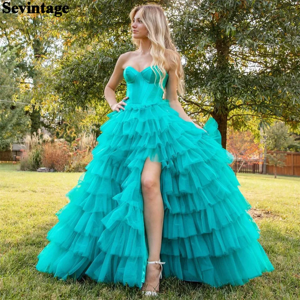 

Sevintage Elegant Tulle Prom Dress A-Line Sweetheart Tiered Ruffles High Slit Formal Evening Dress Floor Length Party Gown 2024