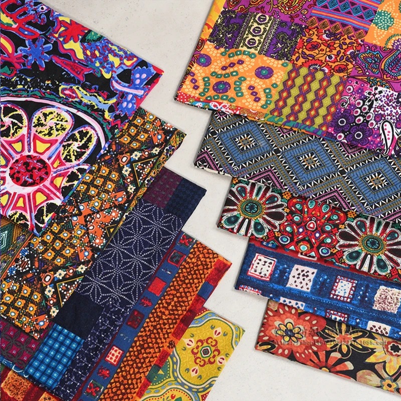Cotton Linen Printed Fabric Irregular Patchwork Women's Clothing Dress Bohemian Ethnic Style DIY Fabric Vintage Door Curtain