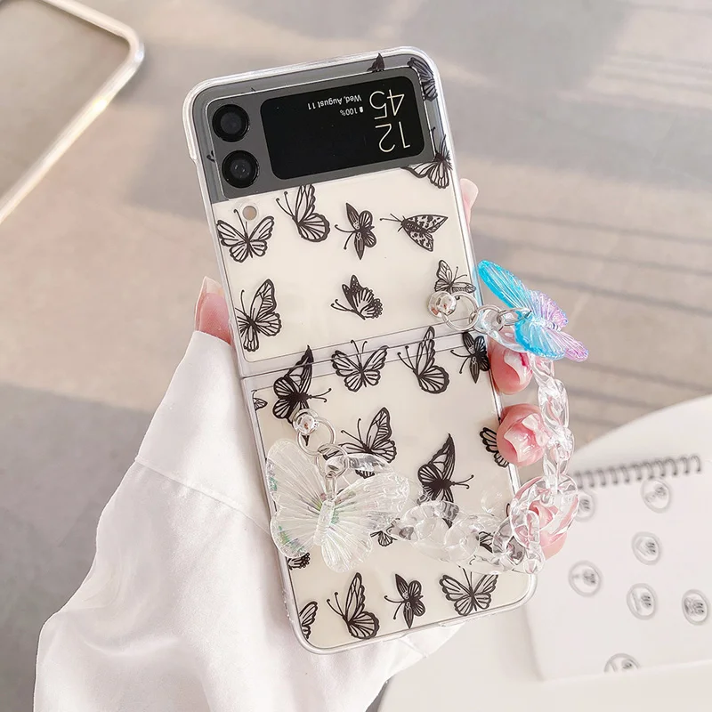 Custodia Funda Per Samsung Galaxy Z Flip 3 Z Flip 4 Z Flip Second Z Flip 2 1 Black White Butterfly Bracciale Custodia Rigida Per Pc