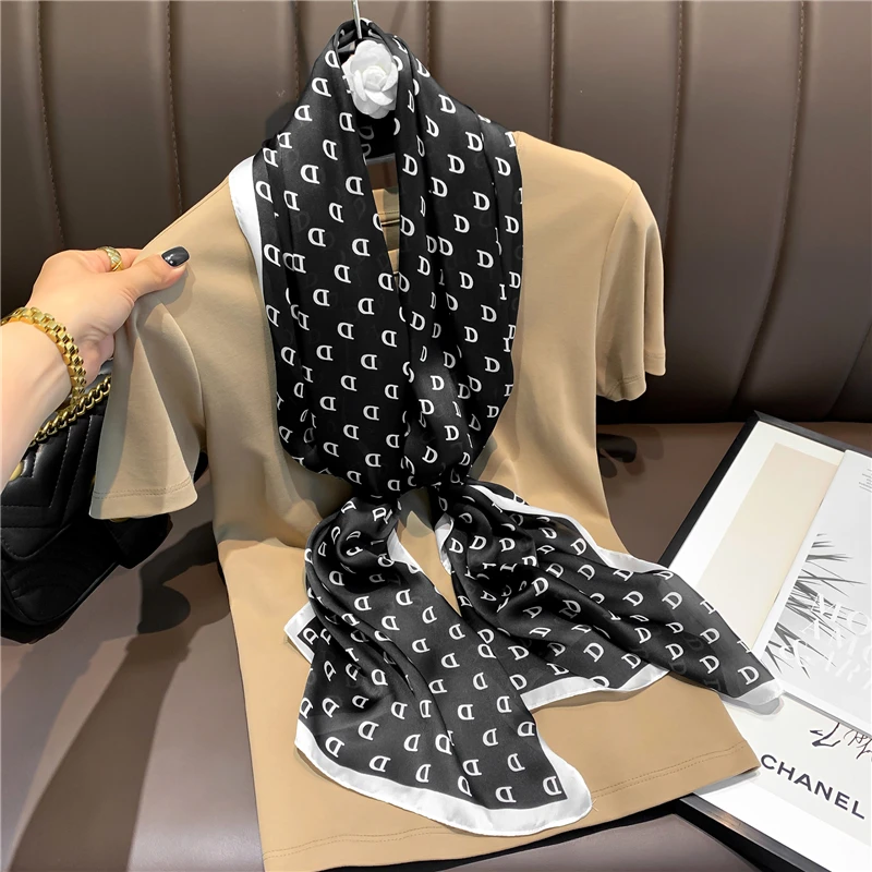 Letter Print Long Silk Skinny Scarf Women Design Headband