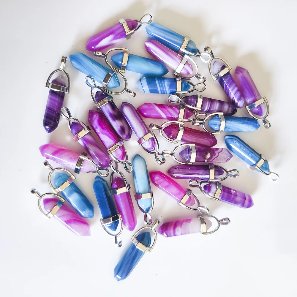 Stripe Agate Hexagonal Prism Shape Pendants Reiki Healing Pendulum Charms For DIY Necklace Earrings Jewelry