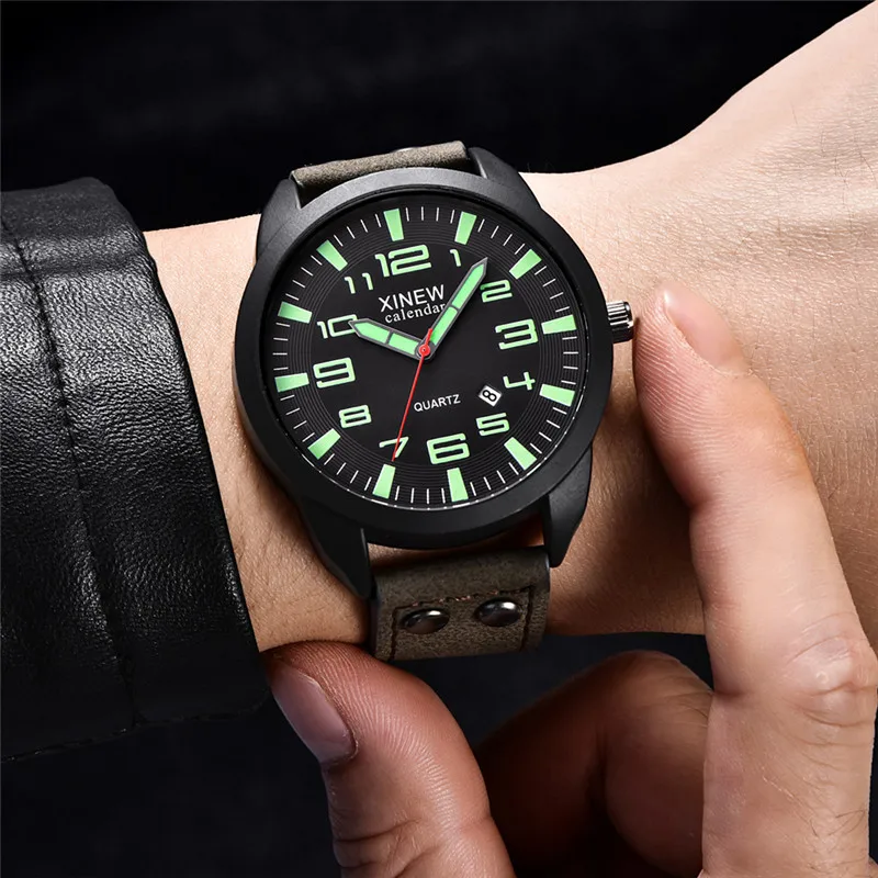 Original XINEW Brand Students Watches Men Fashion Simple Leather Band Date Quartz Wrist Watch Black Montre Homme Reloj Hombre