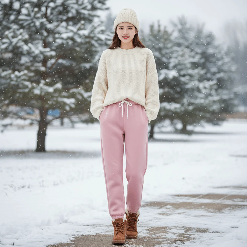 High Waist Fleece Lined Joggers Fleece Lined Adjustable Drawstring Harem Pants Stretchy Solid Color Plush Pants Sports