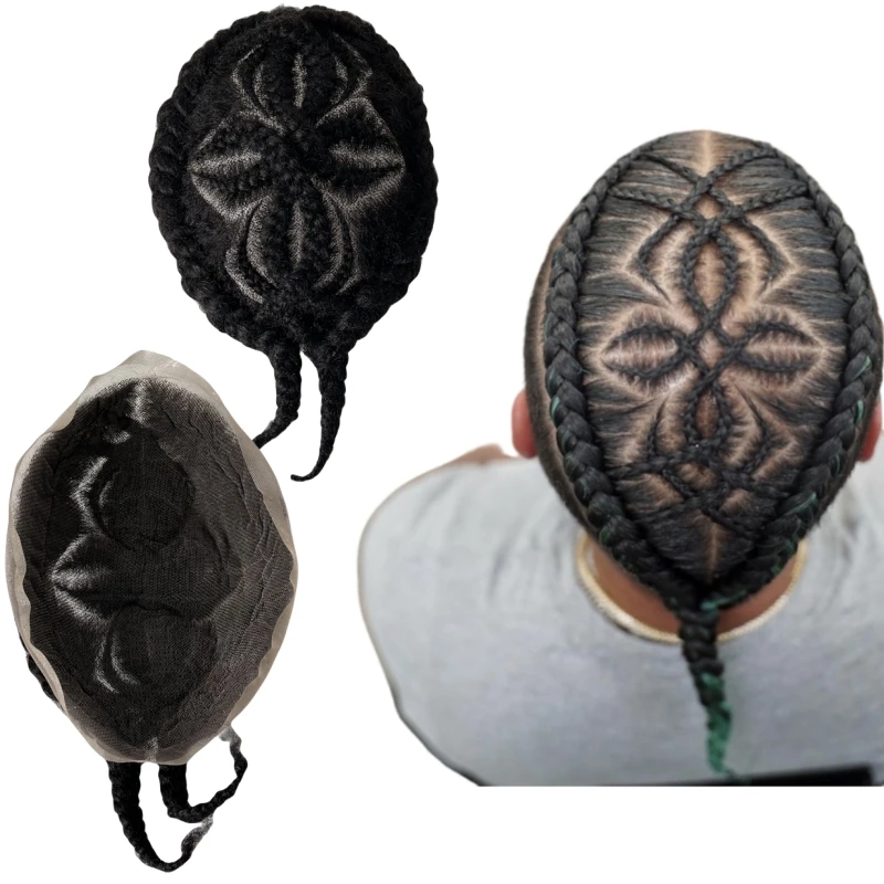 

Brazilian Virgin Human Hair Replacement 1# Jet Black Afro Flower Cornrow Braids 8x10 Full Lace Toupee Male Unit for Black Men
