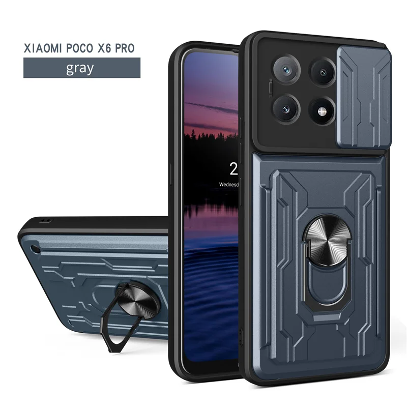Slide Lens Protect Armor Phone Case with Card Slot & Bracket - Durable Back Cover