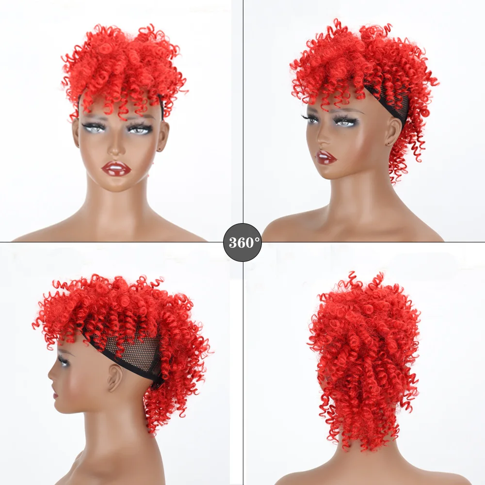 Synthetic high fluffy African ponytail women short curvy curly ponytail extended bun with bangs