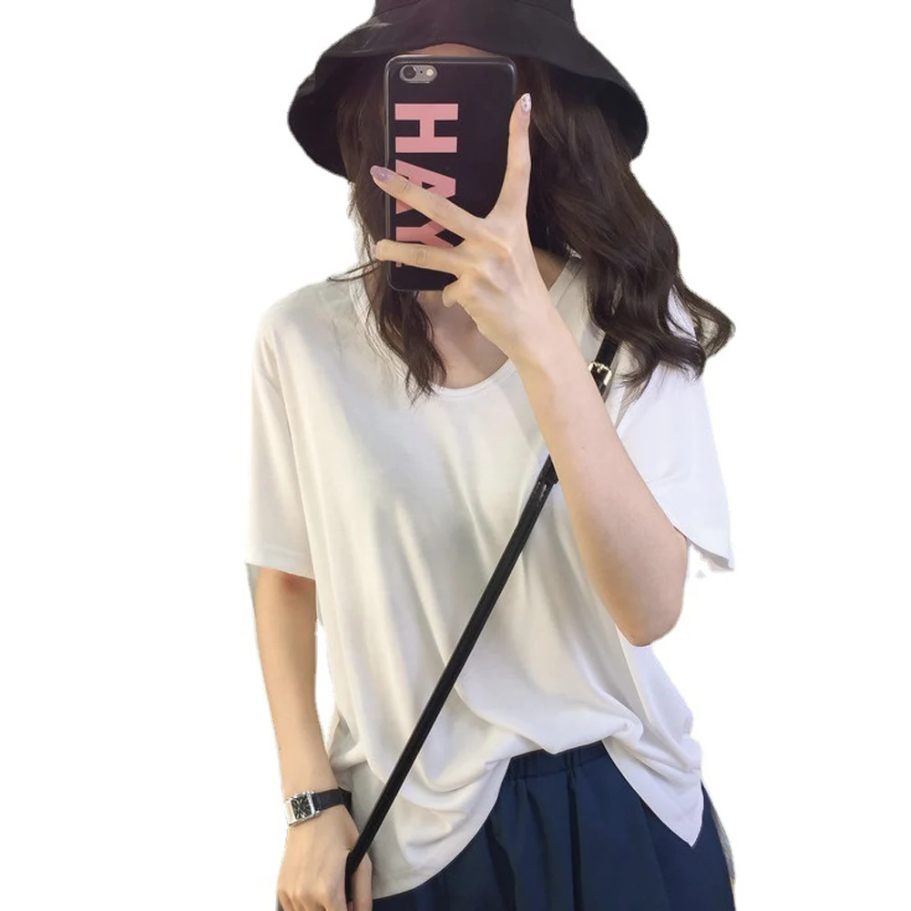 Women Loose Fit V Neck Short Sleeve Solid Color T Shirt