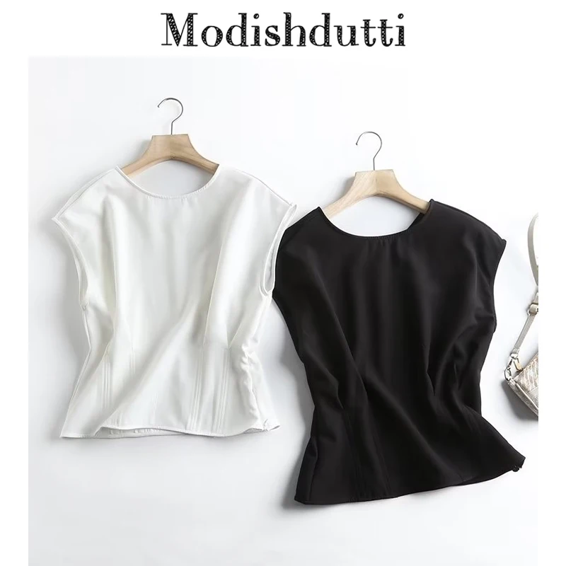 

Modishdutti High Quality 2024 Summer Women Fashion Round Neck Sleeveless Pleats Pullover Tops Female Solid Casual Simple T-Shirt
