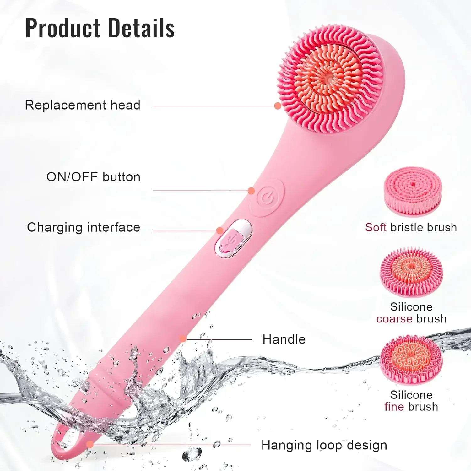 Electric Shower Brush Set for Whole Body Cleaning Back Scrubber 3 Cleaning Heads 2 Speeds Bathing Brush Massage Exfoliator