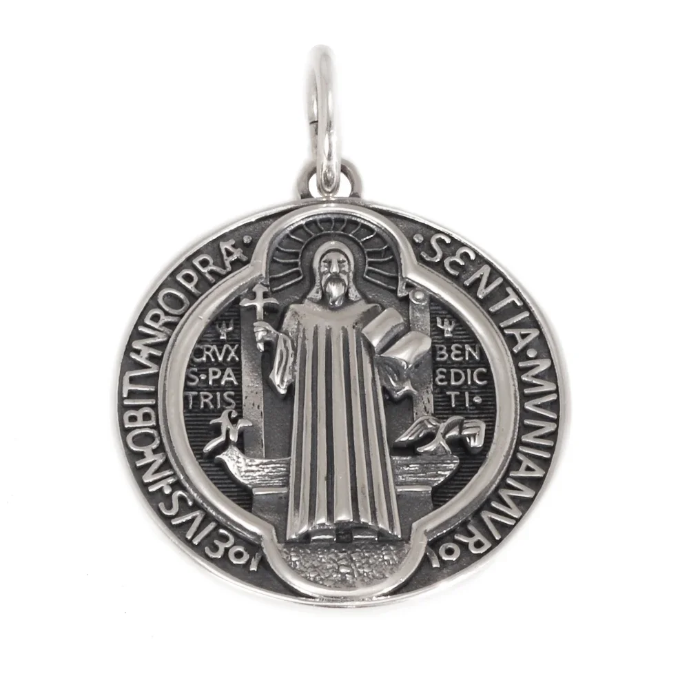 Vintage 925 Sterling Silver Saint Benedict Medallion Cross Pendant Necklace Catholic Exorcism Amulet Men and Women pendant necklace silver necklace silver pendant silver necklace charms