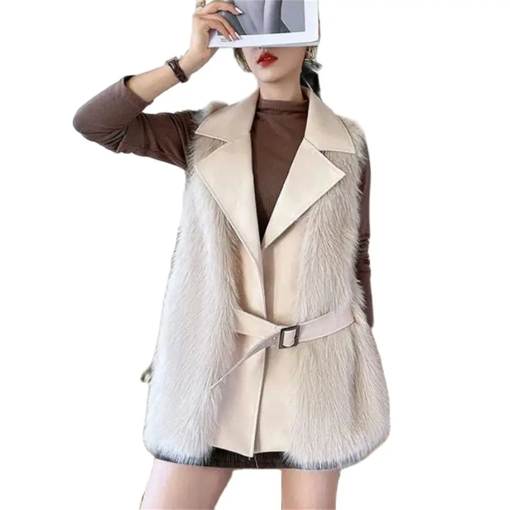

Faux Fur Vest Coat Women Lapel Sleeveless Buckle Slim Fit Teddy Jacket 2024 High Street Plush Fur One Piece Outerwear Tops Warm