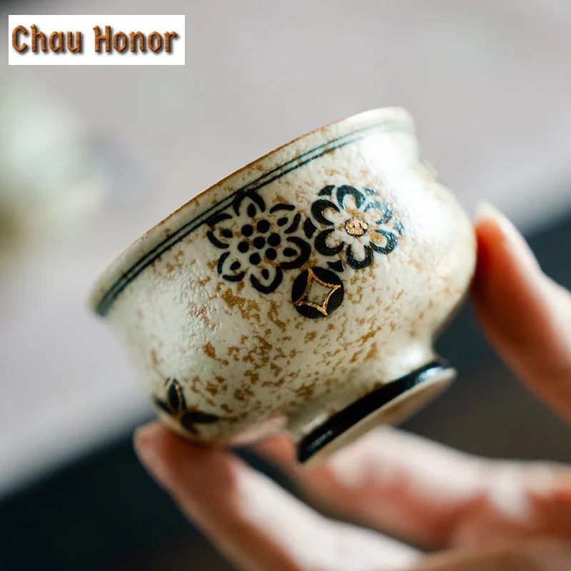 100ml Gold Drawing Embroidered Ball Flower Teacup Blue And White Flint Red Master Cup Personal Puer Tea Bowl Meditation Cup Gift