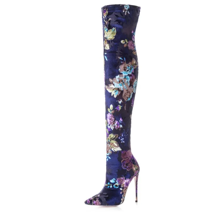 

Foreign Trade Pointy Thin High Heel Sexy Fashion Elastic Floral Cloth Knee Length Female Boots Leg Repair