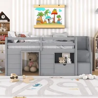 Children Beds, Twin Size Low Loft Bed with Playhouse Loft Bed Frame with Drawer, Stairs and Safety Guardrail for Teens 1