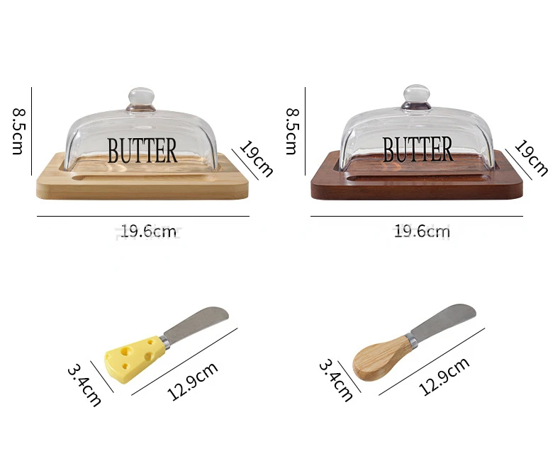 Wood Butter Dish With Glass Lid And Knife
