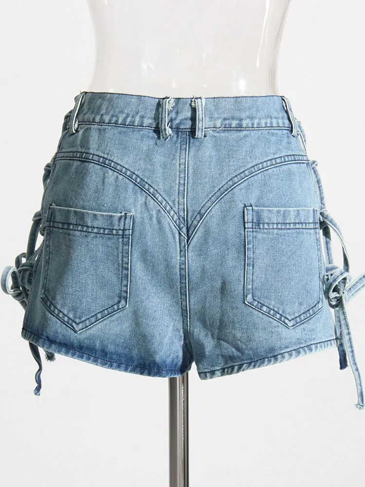 KBQ Hollow Out Spliced Lace Up Shorts For Women High Waist Patchwork Pockets Sexy Denim Short Trousers Summer Fashion Style New