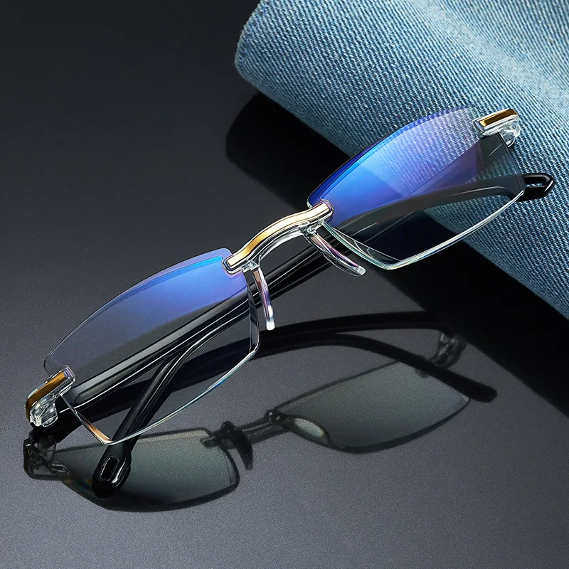 

Men Blue Light Blocking Reading Glasses Women Metal Frameless TR90 UV Anti Fatigue Half Eyeglasses Frame Presbyopia Lens Eyewear