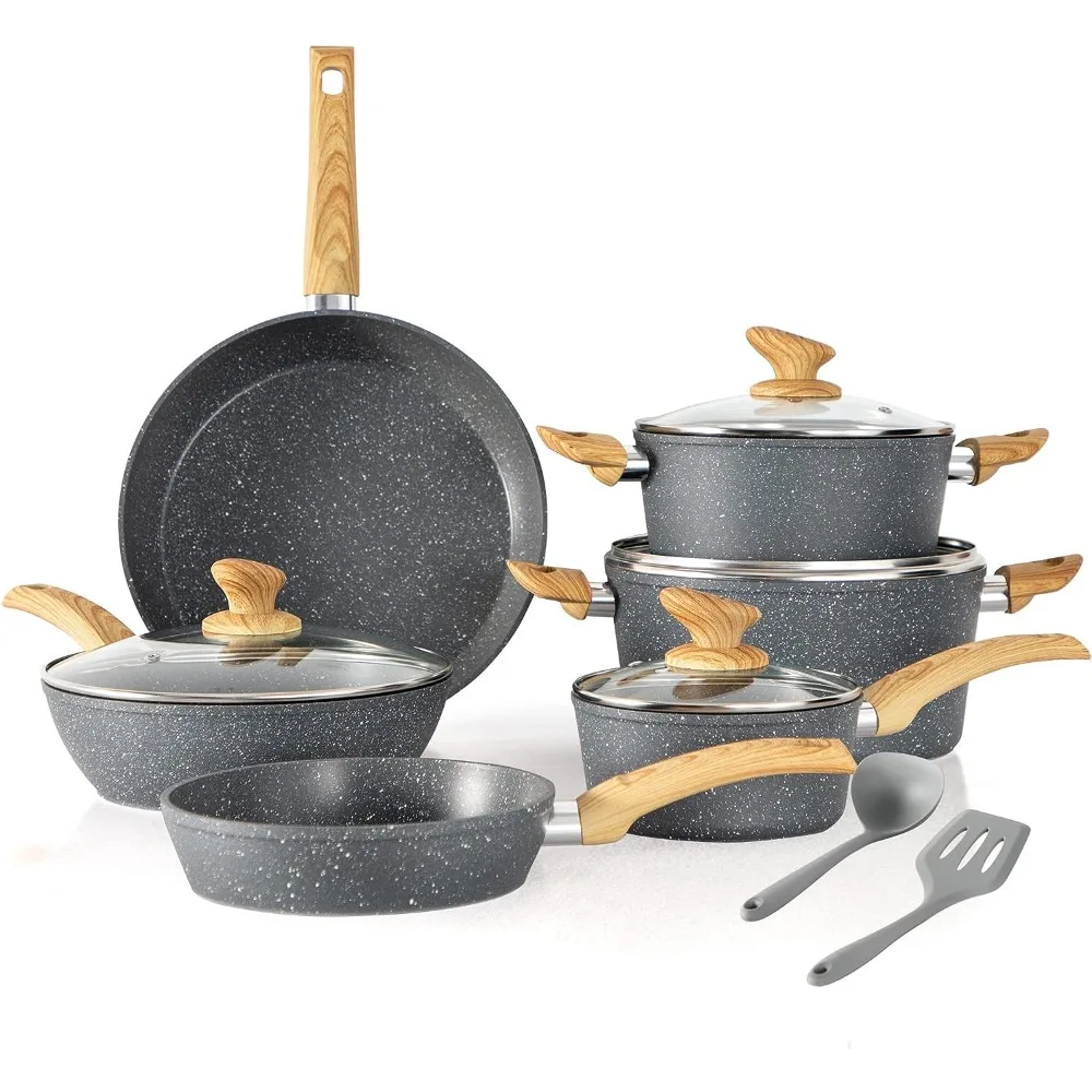 Kitchen Academy Induction Cookware Sets - 12 Piece Cooking Pan Set, Granite Nonstick  Pots and Pans Set