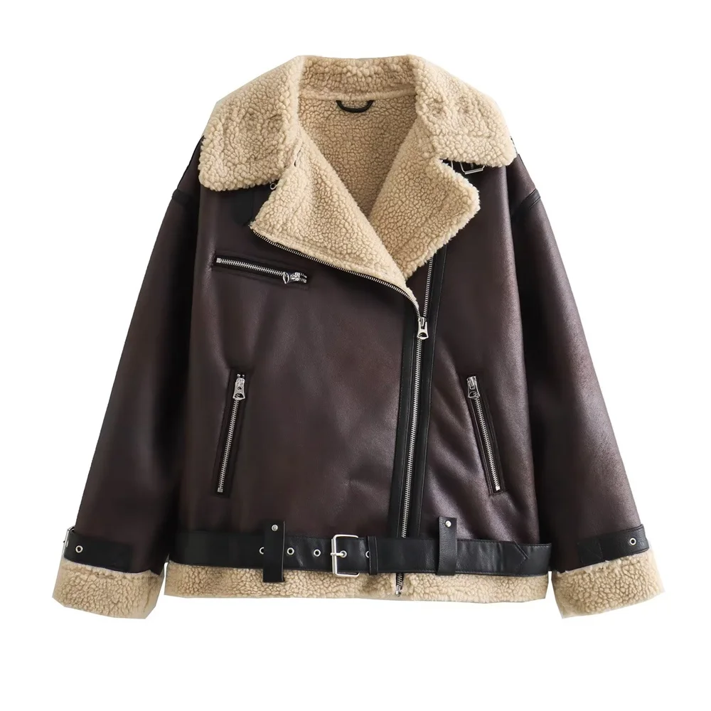 UNIZERA 2023 Autumn/Winter New Women's Wear New Fashion Casual Loose Versatile Leather and Fur One Piece Jacket Coat 2