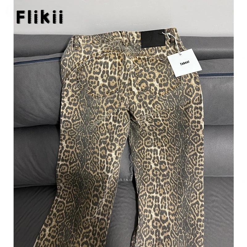 American Retro Leopard High Waist Baggy Jeans Women's Casual Pockets Hip-hop Pants 2024 Spring Y2K Oversiz Panther Denim Trouser 2