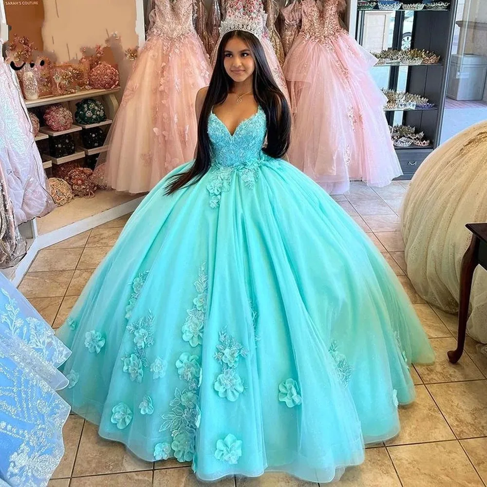 

Charming Mint Green Quinceanera Dresses Ball Gown 3D Flowers Sweetheart Tulle Puffy Mexican Sweet 16 Dresses 15 Anos Prom Gown