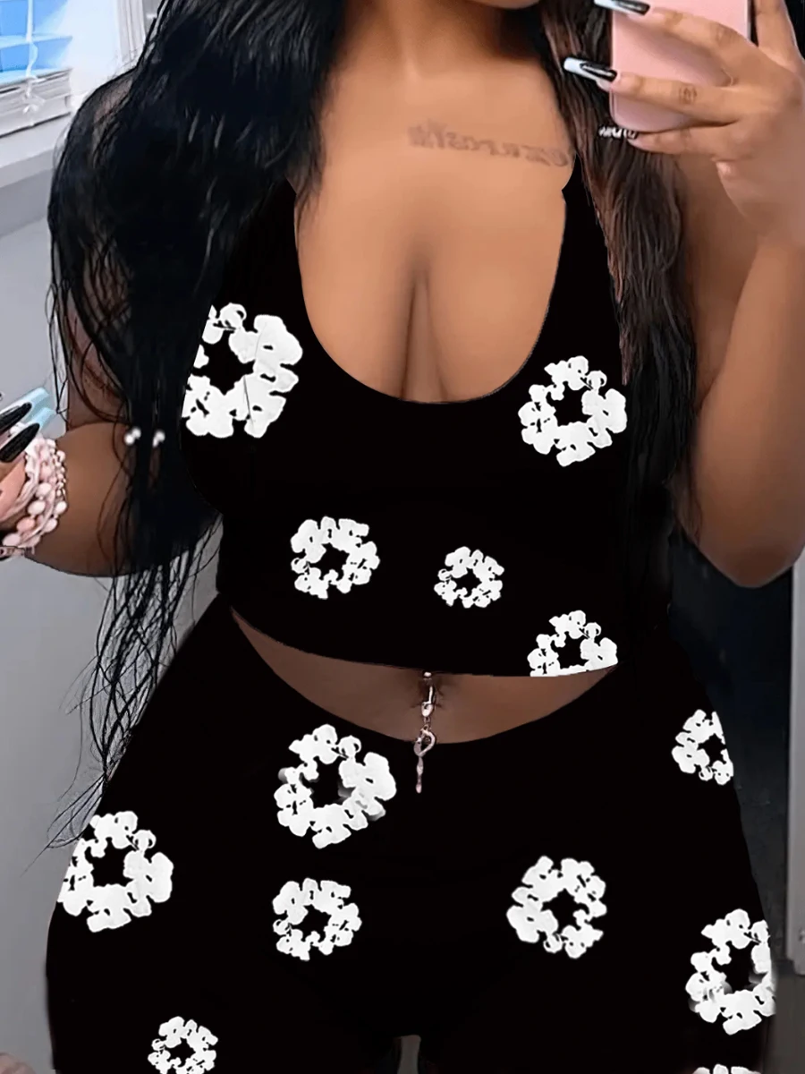 

LW Cami Floral Print Shorts Set Women Summer High Street 2pc Notch Neck Sleeveless Mixed Print Two Piece Outfit Matching Sets