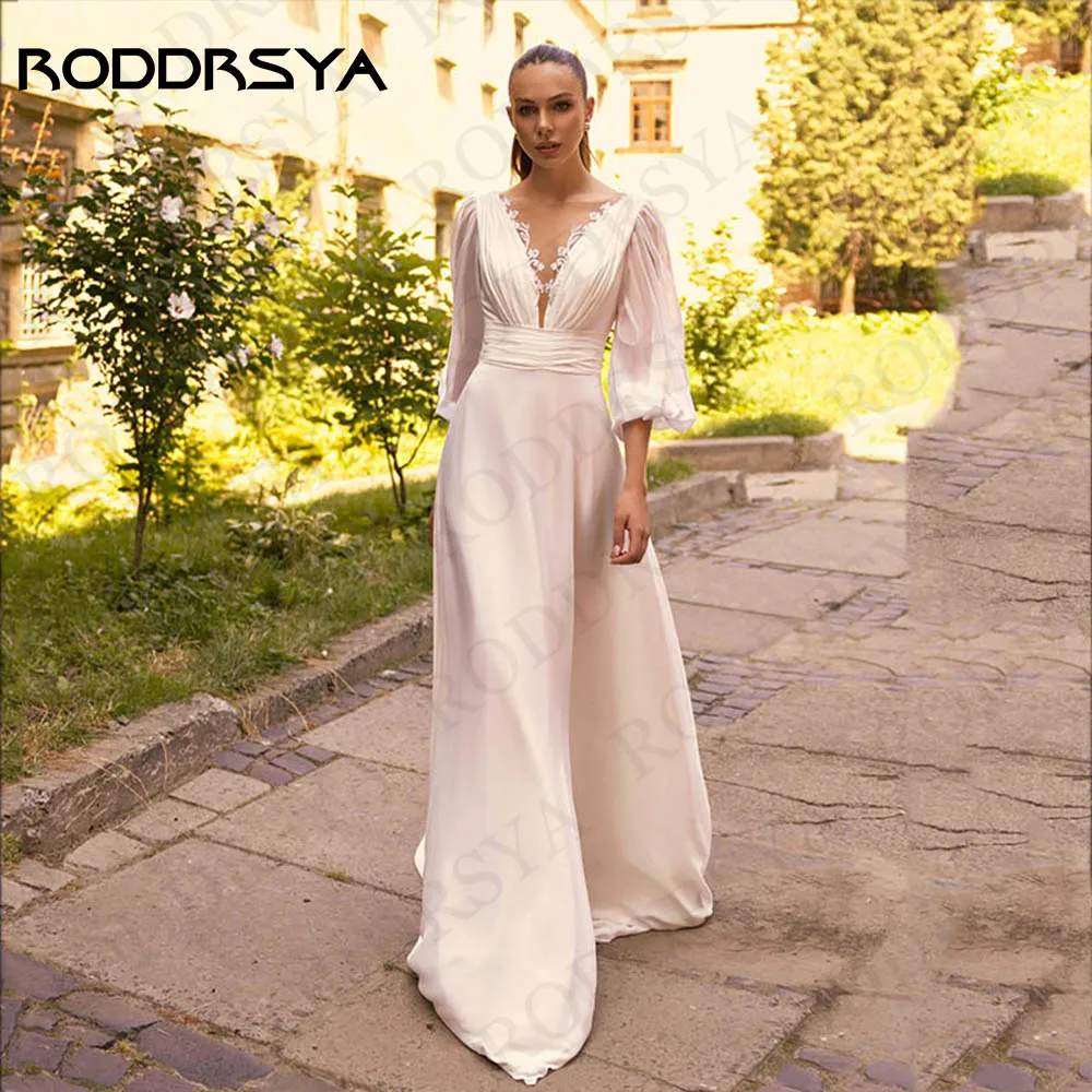 

RODDRSYA Vestidos De Novia Elegant Chiffon A Line Wedding Dresses Boho Puff Sleeves Applique Bridal Gowns Illusion Back Lace